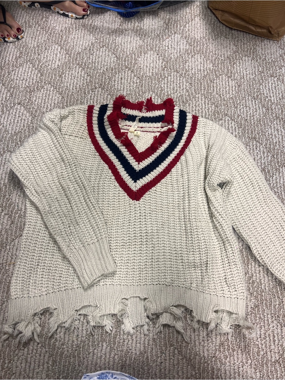 Pink owl Women's Cream Distressed V-Neck Sweater with Red & Navy Trim
